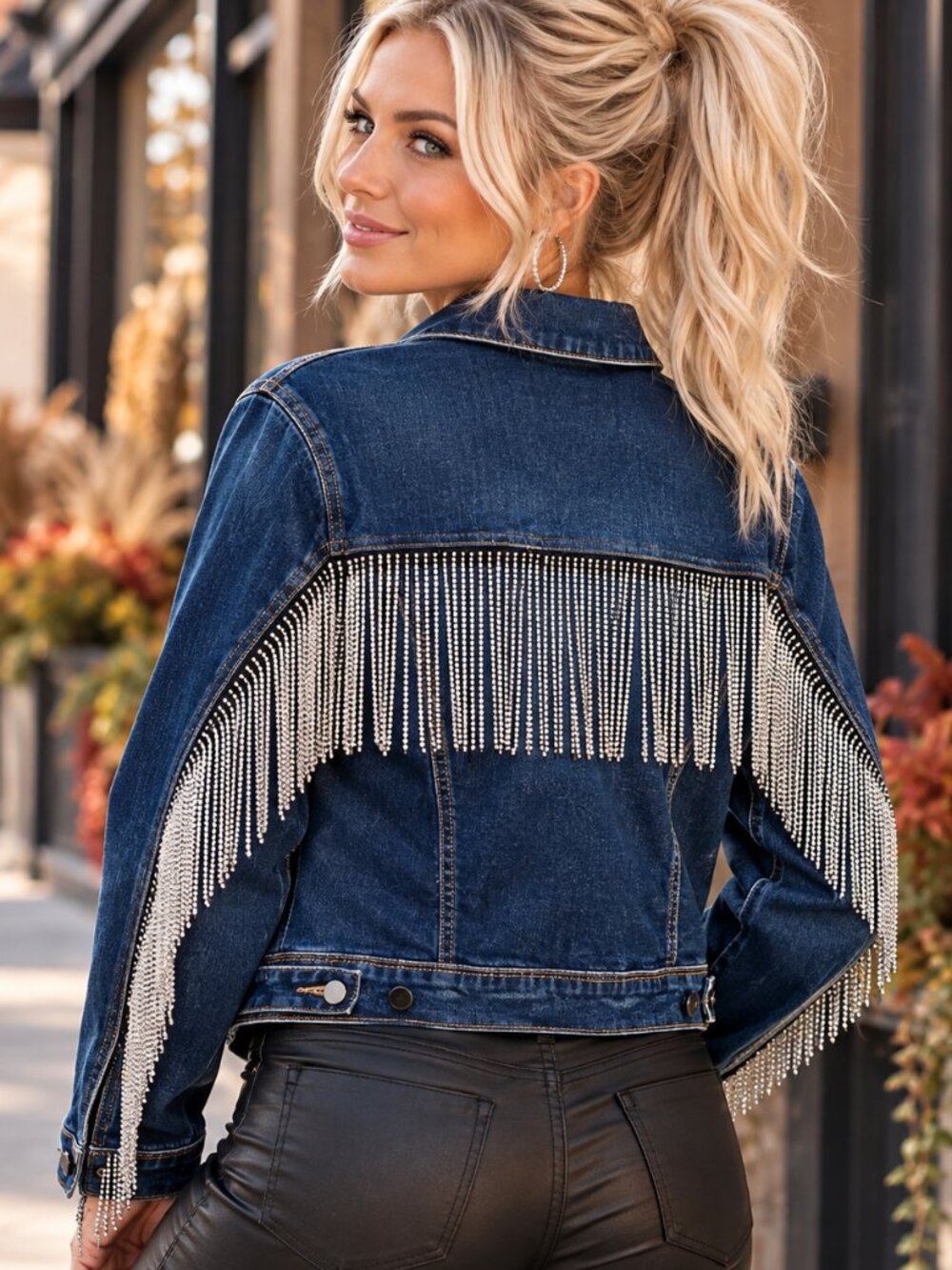 Women's Rhinestone Fringe Denim Jacket Blue